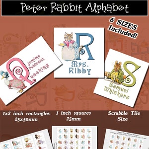 Peut inclure: Alphabet imprimable Peter Rabbit avec 26 images de personnages du livre. Les images sont disponibles en six tailles différentes, y compris des rectangles de 1x2 pouces, des carrés de 1 pouce et la taille d'une tuile de Scrabble. Les images sont colorées et présentent des personnages comme Jemima Puddleduck, Mme Ribby et Samuel Whiskers.