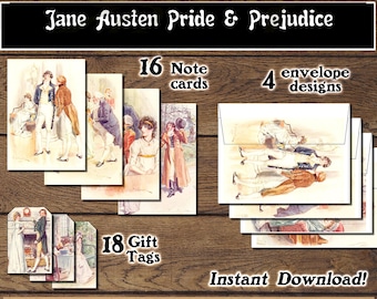 Jane Austen Illustrations, Pride and Prejudice, Stationery Set, Download and print upon purchase