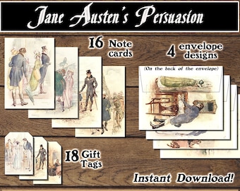 Jane Austen Illustrations, Persuasion, Stationery Set, Download and print upon purchase