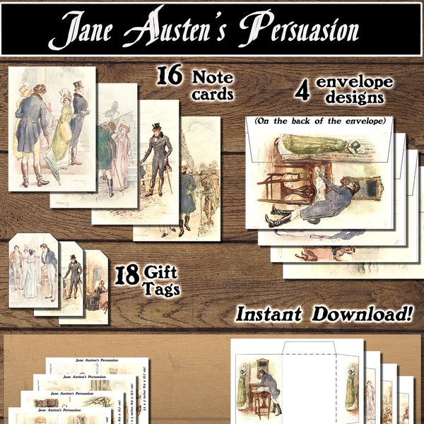 Jane Austen Illustrations, Persuasion, Stationery Set, Download and print upon purchase