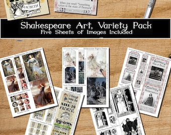 Shakespeare-bundel, collagekunst in diverse vormen en maten, cadeau voor boekenliefhebbers, direct te downloaden.