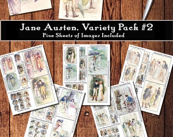 Jane Austen Illustrations, Bundle, Five Sheets included., Download and print upon purchase