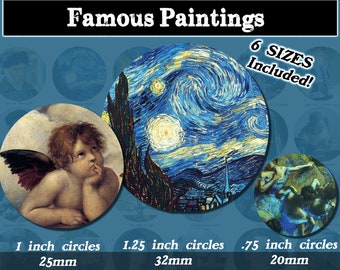 Famous Paintings Prints, Round images with 6 sizes included! Download and print upon purchase
