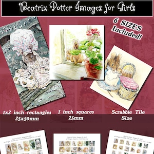 Può includere: Un download digitale di 24 immagini di Beatrix Potter per ragazze. Le immagini sono disponibili in sei diverse dimensioni, tra cui quadrati di 2,5 cm, rettangoli di 2,5 cm x 5 cm e la dimensione di una tessera da Scrabble. Le immagini presentano personaggi dei libri di Beatrix Potter, come Peter Rabbit, Jemima Puddle-Duck e Mrs. Tiggy-Winkle.