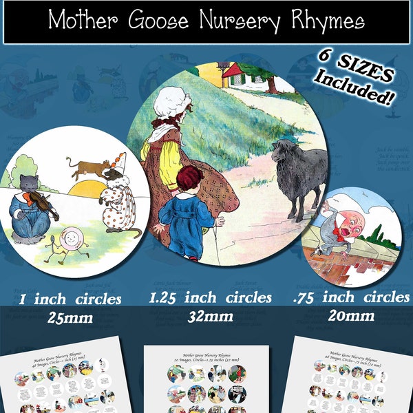 Mother Goose Nursery Rhymes, Part 1, Round images with 6 sizes included! Download and print upon purchase