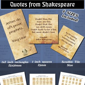 May include: A collection of Shakespeare quotes in various sizes, including 1x2 inch rectangles, 1 inch squares, and Scrabble tile size. The quotes are printed on aged paper with a vintage aesthetic. The image includes the text "Quotes from Shakespeare".