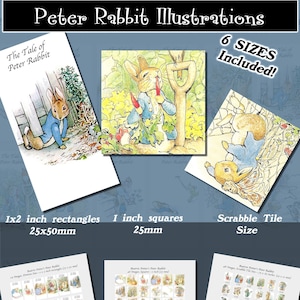 Può includere: Un download digitale di 6 dimensioni di illustrazioni di Peter Rabbit, tra cui rettangoli di 1x2 pollici, quadrati di 1 pollice e dimensioni di piastrella da Scrabble. Le immagini sono in un formato di collage, che mostra le diverse dimensioni e il testo "The Tale of Peter Rabbit".