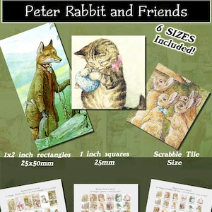 Può includere: Un collage digitale di immagini con personaggi dei libri per bambini di Beatrix Potter, tra cui Peter Rabbit, Mr. McGregor e Jemima Puddle-Duck. Le immagini sono disposte in una griglia, con ogni immagine che misura 2,5 cm quadrati. Il collage è intitolato "Beatrix Potter's World" e include 48 immagini.