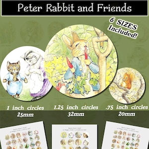 Puede incluir: Una descarga digital de 48 imágenes con personajes de los libros infantiles de Beatrix Potter. Las imágenes son de forma circular y están disponibles en seis tamaños: 1 pulgada, 1,25 pulgadas, 1,5 pulgadas, 2 pulgadas, 2,25 pulgadas y 2,5 pulgadas. Las imágenes son perfectas para manualidades, scrapbooking y otros proyectos creativos.