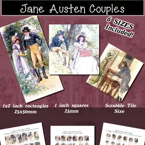 May include: A digital download of 36 images of couples from Jane Austen's novels. The images are in six different sizes, including 1x2 inch rectangles (2.5x5 cm), 1 inch squares (2.5 cm), and Scrabble tile size. The images are in a vintage style and feature illustrations of couples from Jane Austen's novels.