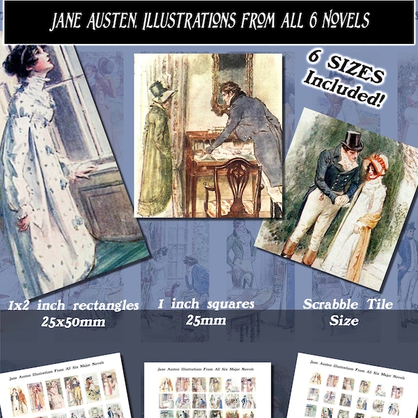 Jane Austen Illustrations, From All 6 Major Novels, Squares & Rectangles, 6 sizes included! Download and print upon purchase