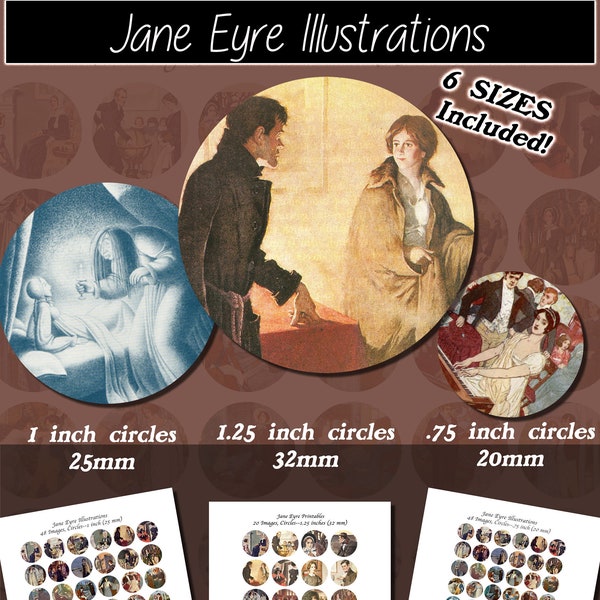 Jane Eyre Illustrations, Round images with 6 sizes included! Download and print upon purchase