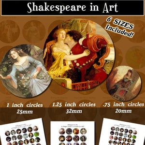 May include: A digital download of 40 printable circle images featuring Shakespearean art. The circles are available in six sizes, including 25mm, 32mm, and 20mm. The images are perfect for crafts, scrapbooking, and other creative projects.