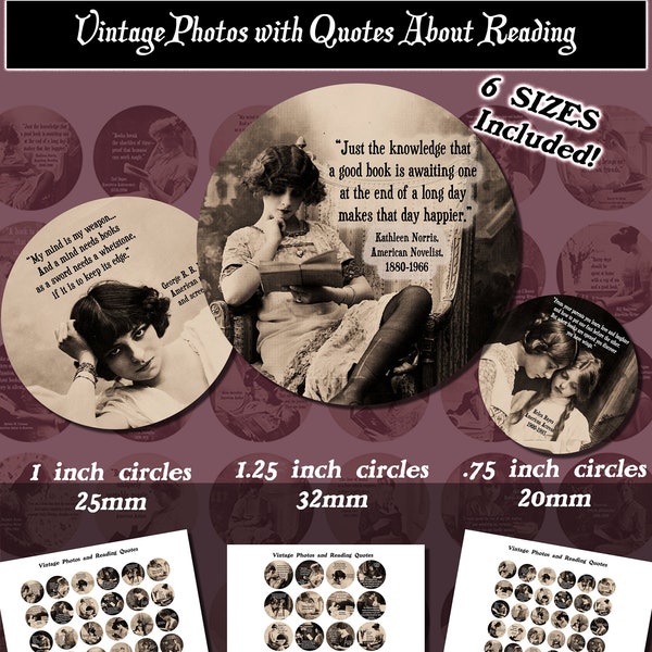 Vintage Photos, Reading Quotes, Women Reading, Round images with 6 sizes included! Download and print upon purchase