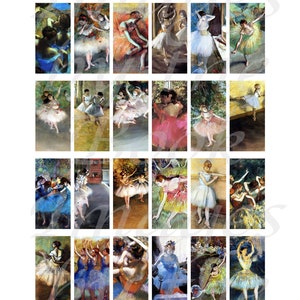 May include: A collection of 24 rectangular images featuring Edgar Degas' ballet portraits. Each individual image measures 25 x 50 mm and depicts dancers in various poses and colourful costumes, arranged in a grid format on a white background.