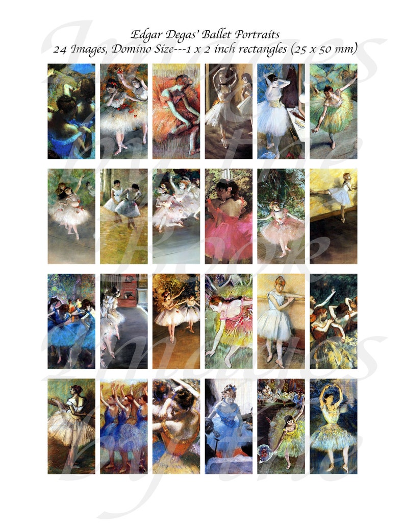 May include: A collection of 24 rectangular images featuring Edgar Degas' ballet portraits. Each individual image measures 25 x 50 mm and depicts dancers in various poses and colourful costumes, arranged in a grid format on a white background.