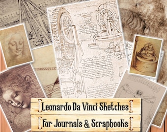 Leonardo da Vinci Sketches, Junk Journal Kit, Download and print upon purchase