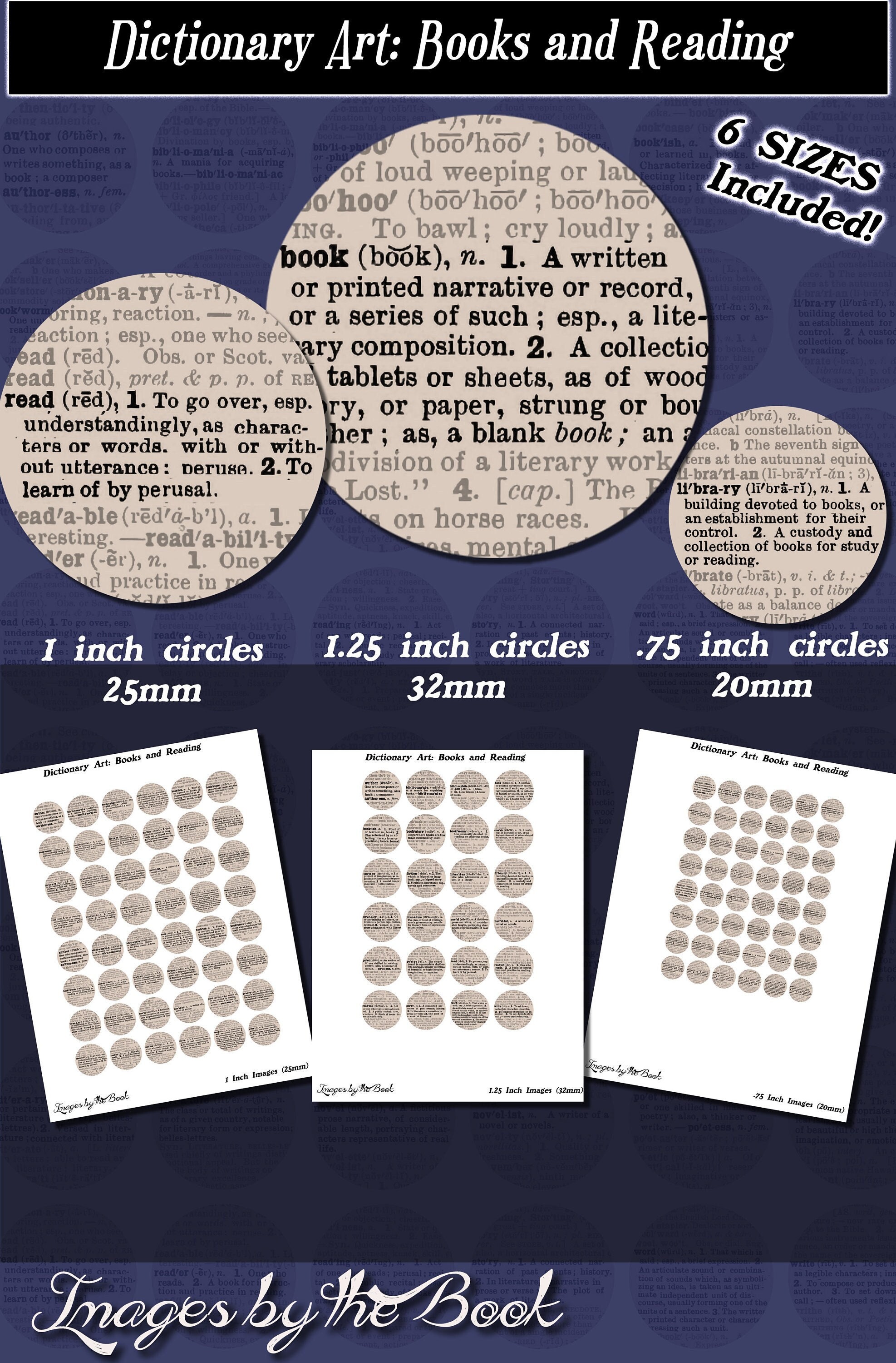 Dictionary Art Prints, Book Lover Definitions, Round images with 6 sizes included! Download and print upon purchase
