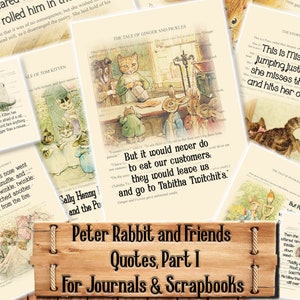 Può includere: Un collage di immagini dai libri per bambini di Beatrix Potter, con Peter Rabbit e i suoi amici. Le immagini sono in stile vintage e includono citazioni dai libri. Il testo in basso dice "Peter Rabbit and Friends Quotes, Part I For Journals & Scrapbooks".