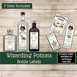 May include: Three glass bottles and three rectangular labels featuring fantasy-themed designs. Labels include text: Aeromantula Venom, Powdered Unicorn Horn, Leech Juice, Dragon's Blood, Powdered Feathers, and Scarab Beetles with illustrations of creatures.