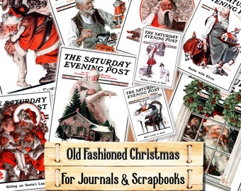 Op de afbeelding: Een collage van vintage kerst-illustraties uit het tijdschrift The Saturday Evening Post. De afbeeldingen tonen de kerstman, elven en andere feestelijke scènes. De tekst op de omslagen luidt "The Saturday Evening Post" en "Santa with Elves".