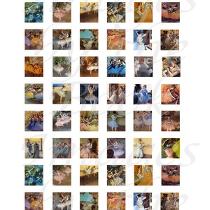 May include: A collection of 48 miniature Edgar Degas ballet portrait images arranged in a grid. Each image measures 19 x 21 mm. The prints feature various dancers in colourful tutus and stage settings, presented on a white background.