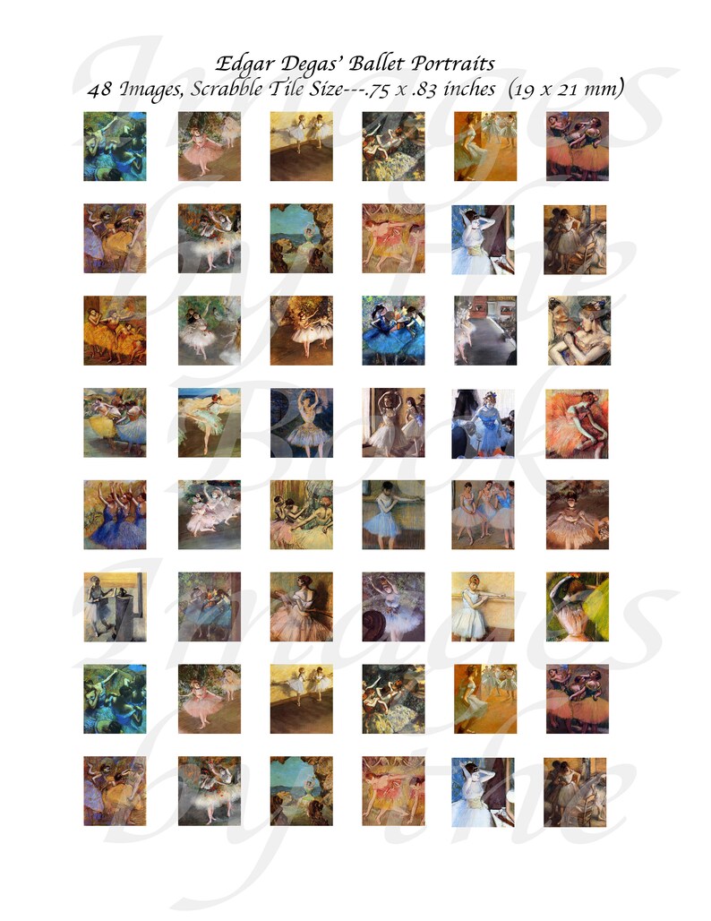 May include: A collection of 48 miniature Edgar Degas ballet portrait images arranged in a grid. Each image measures 19 x 21 mm. The prints feature various dancers in colourful tutus and stage settings, presented on a white background.