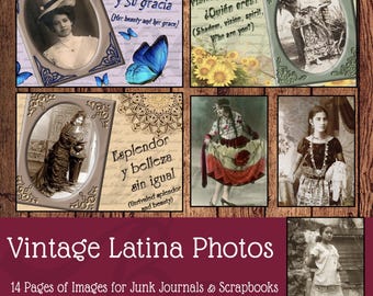 May include: A collection of 14 pages of vintage Latina photos for junk journals and scrapbooks, featuring sepia-toned portraits in ornate frames, blue butterflies, sunflowers, and Spanish text including Su hermosura y su gracia and Esplendor y belleza sin igual.