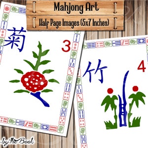 May include: Two Mahjong tiles with blue and red characters and symbols on a white background. The tile on the left has a red flower with a blue stem and the character "菊" in blue. The tile on the right has a blue bamboo stalk with two red circles and the character "竹" in blue. Both tiles have a red number, "3" and "4", respectively. The tiles are surrounded by a red, white, and blue border.