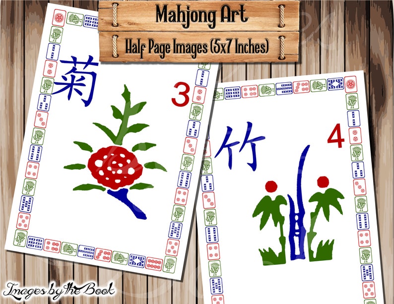 May include: Two Mahjong tiles with blue and red characters and symbols on a white background. The tile on the left has a red flower with a blue stem and the character "菊" in blue. The tile on the right has a blue bamboo stalk with two red circles and the character "竹" in blue. Both tiles have a red number, "3" and "4", respectively. The tiles are surrounded by a red, white, and blue border.