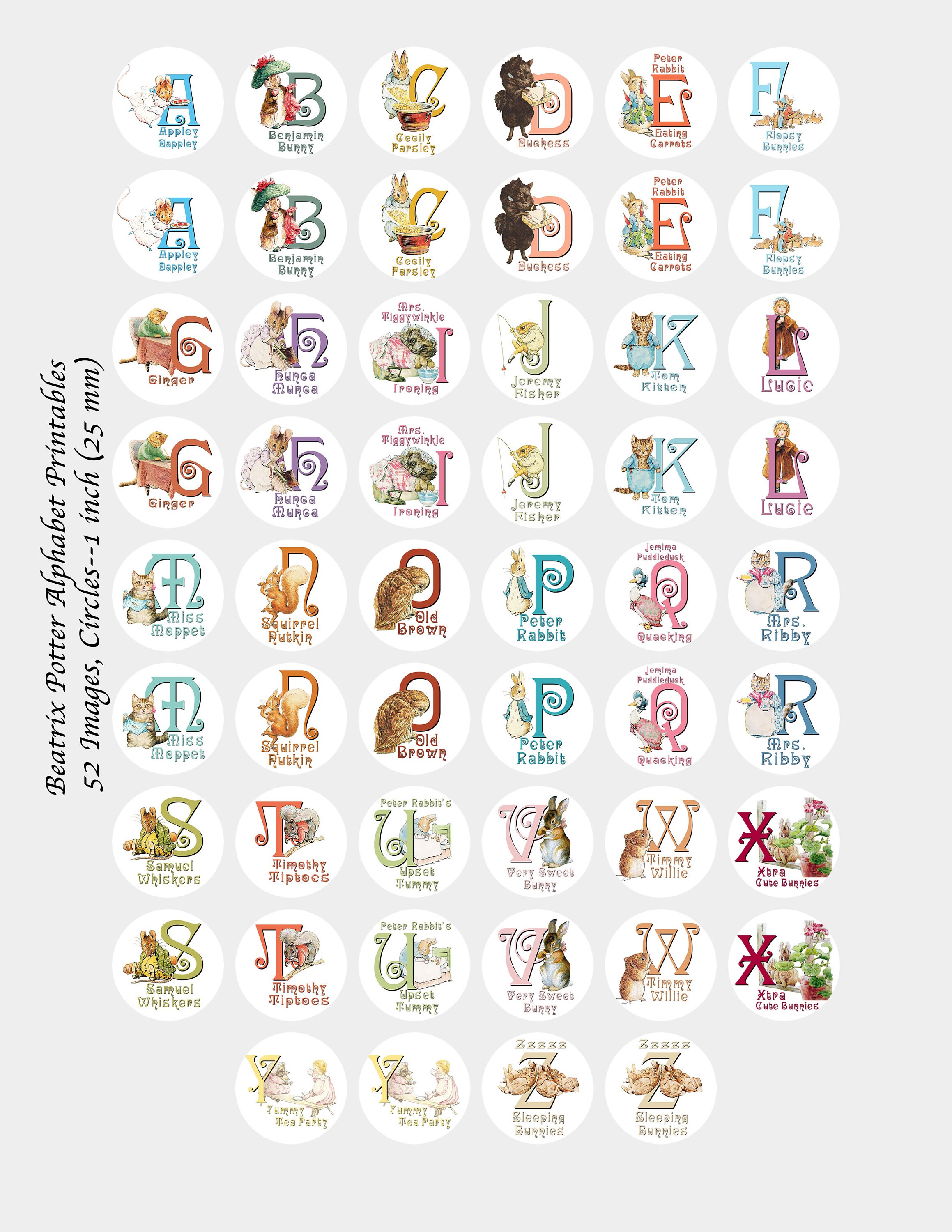 peter rabbit alphabet letters digital collage round images etsy