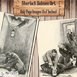 Pode incluir: Duas ilustra&ccedil;&otilde;es em preto e branco de um livro de Sherlock Holmes. A primeira imagem mostra um homem olhando para dentro de um ba&uacute; enquanto outro homem est&aacute; pendurado no teto segurando uma lanterna. A segunda imagem mostra tr&ecirc;s homens lutando com outro homem no ch&atilde;o.