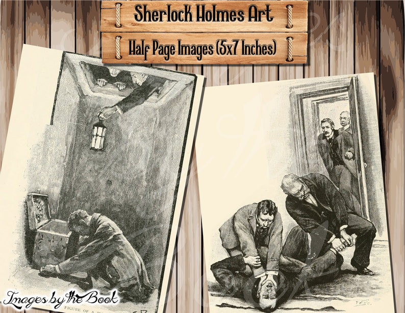 Pode incluir: Duas ilustra&ccedil;&otilde;es em preto e branco de um livro de Sherlock Holmes. A primeira imagem mostra um homem olhando para dentro de um ba&uacute; enquanto outro homem est&aacute; pendurado no teto segurando uma lanterna. A segunda imagem mostra tr&ecirc;s homens lutando com outro homem no ch&atilde;o.