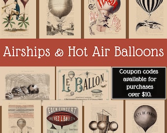 Airship and Hot Air Balloon Art | Steampunk Decor | Junk Journal and Scrapbook Digital Download