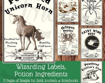 Wizarding World Art | Potion Ingredients | Apothecary Labels | Junk Journal and Scrapbook Digital Download