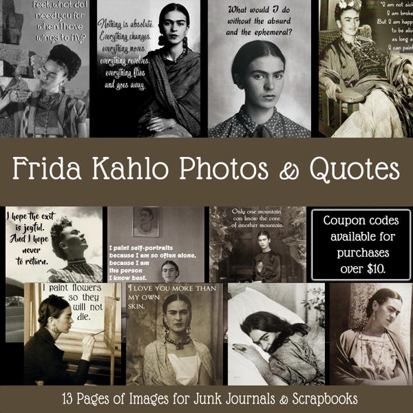 Frida Kahlo Photos and Quotes | Mexican Folk Art | Junk Journal and Scrapbook Digital Download