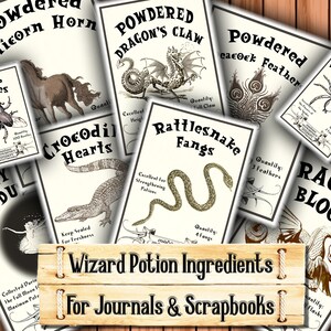 Könnte beinhalten: Ein Satz druckbarer Etiketten für Zaubertrankzutaten. Die Etiketten zeigen Illustrationen von Fabelwesen und Zutaten, wie z. B. ein Einhornhorn, eine Drachenklaue und Klapperschlangenzähne. Die Etiketten sind für Journale und Scrapbooks gedacht.