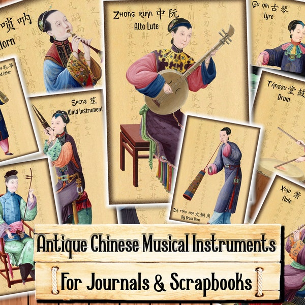 Chinese Musical Instruments, Handpainted Illustrations From the 1700's, Junk Journal Kit, Download and print upon purchase