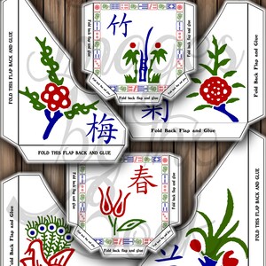 May include: Four printable journal pockets with Chinese characters and floral designs. The pockets are white with blue, red, and green accents. The characters are 竹, 梅, 米, and 春.