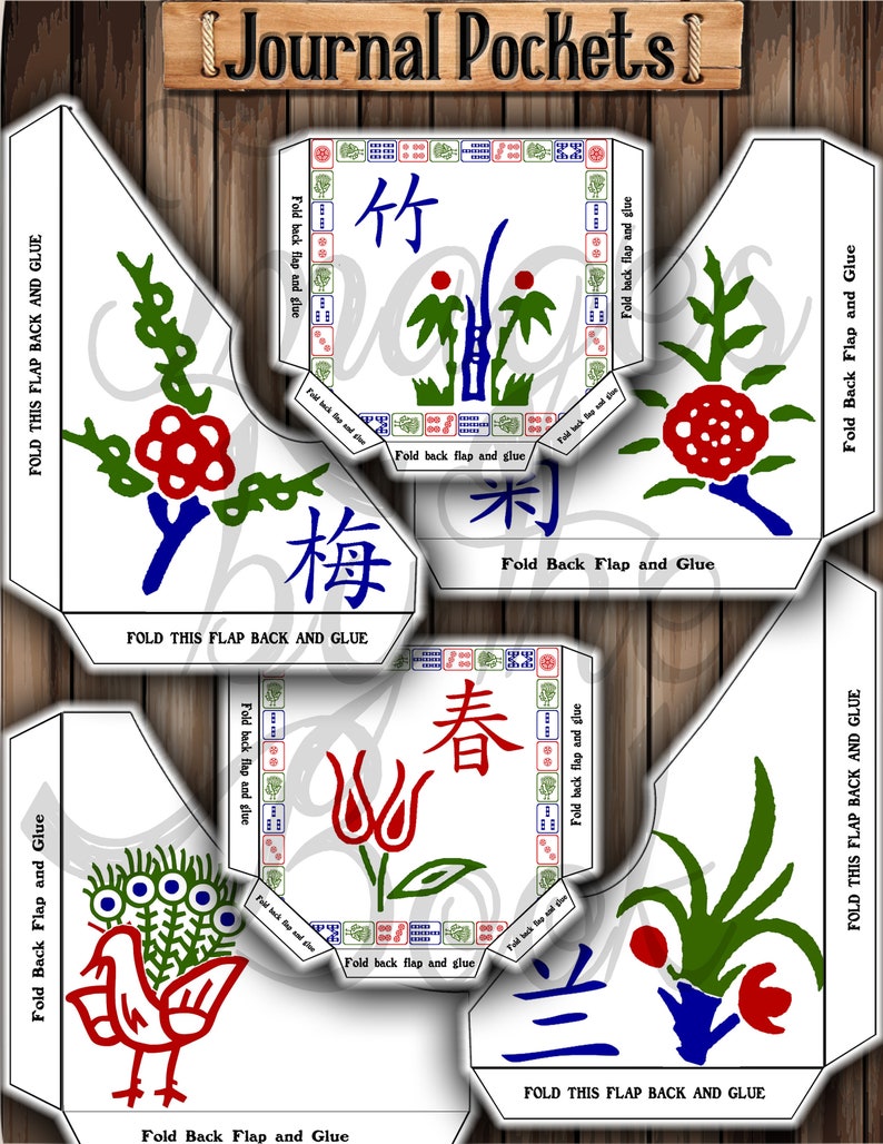 May include: Four printable journal pockets with Chinese characters and floral designs. The pockets are white with blue, red, and green accents. The characters are 竹, 梅, 米, and 春.