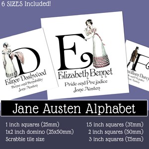 Jane Austen | Alphabet Letters | Book Characters | Regency Romance | Printable Square Art | Jewelry Making | Scrapbooking