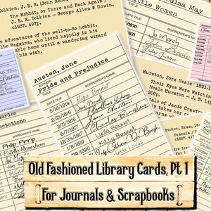 昔ながらの図書館カードとカードカタログカード、パート 1、ジャンク ジャーナル キット、購入時にダウンロードして印刷
