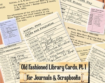 Old Fashioned Library Cards and Card Catalog Cards, Part 1, Junk Journal Kit, Download and print upon purchase