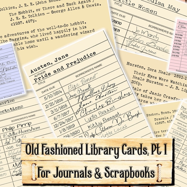 Old Fashioned Library Cards and Card Catalog Cards, Part 1, Junk Journal Kit, Download and print upon purchase