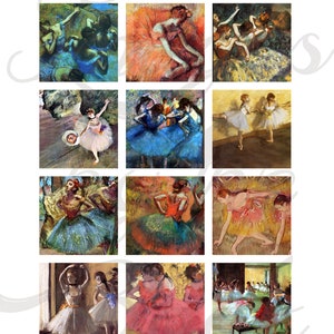 May include: A collection of 12 square prints featuring Edgar Degas ballet dancers, each measuring 50 mm. The artwork displays various scenes of dancers in colourful tutus, including shades of blue, orange, pink, and white, with visible brushstrokes.