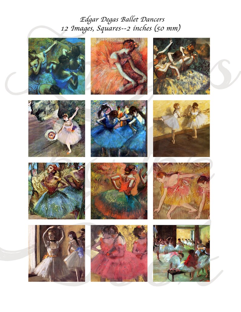 May include: A collection of 12 square prints featuring Edgar Degas ballet dancers, each measuring 50 mm. The artwork displays various scenes of dancers in colourful tutus, including shades of blue, orange, pink, and white, with visible brushstrokes.