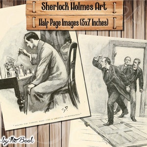 Pode incluir: Duas ilustra&ccedil;&otilde;es em preto e branco de um livro de Sherlock Holmes. A primeira imagem mostra Sherlock Holmes trabalhando em uma investiga&ccedil;&atilde;o qu&iacute;mica. A segunda imagem mostra Sherlock Holmes correndo para fora de uma sala com uma porta quebrada, seguido por outros dois homens.