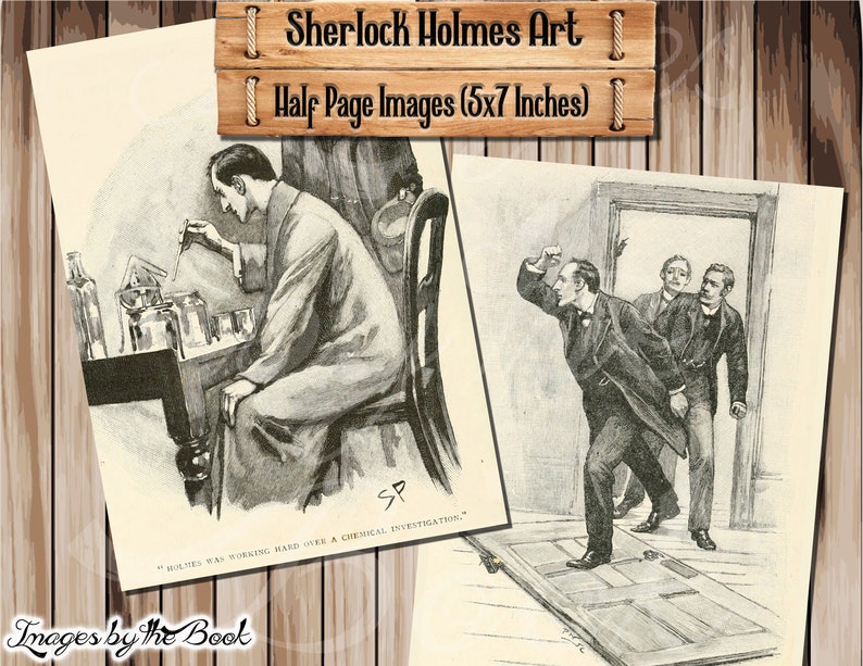 Pode incluir: Duas ilustra&ccedil;&otilde;es em preto e branco de um livro de Sherlock Holmes. A primeira imagem mostra Sherlock Holmes trabalhando em uma investiga&ccedil;&atilde;o qu&iacute;mica. A segunda imagem mostra Sherlock Holmes correndo para fora de uma sala com uma porta quebrada, seguido por outros dois homens.