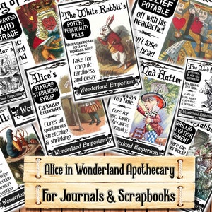 Alice in Wonderland Art, Apothecary Labels, Fantasy Potions, Junk Journal Kit, Download and print upon purchase