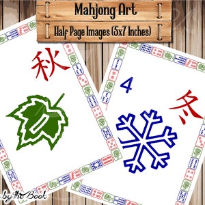 May include: Two Mahjong tiles with red and blue borders. The first tile has a green leaf and the Chinese character for "Autumn" in red. The second tile has a blue snowflake and the Chinese character for "Winter" in red. Both tiles have the number 3 and 4 respectively.